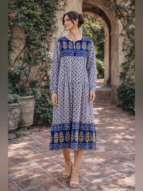 Matta Kajal Midi Dress XS Blue White Boho Block Print Bishop Sleeve